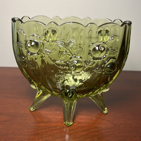Other - Fenton Olive Green Glass Oval 4 Footed Bowl Vase Colonial Cabbage Rose